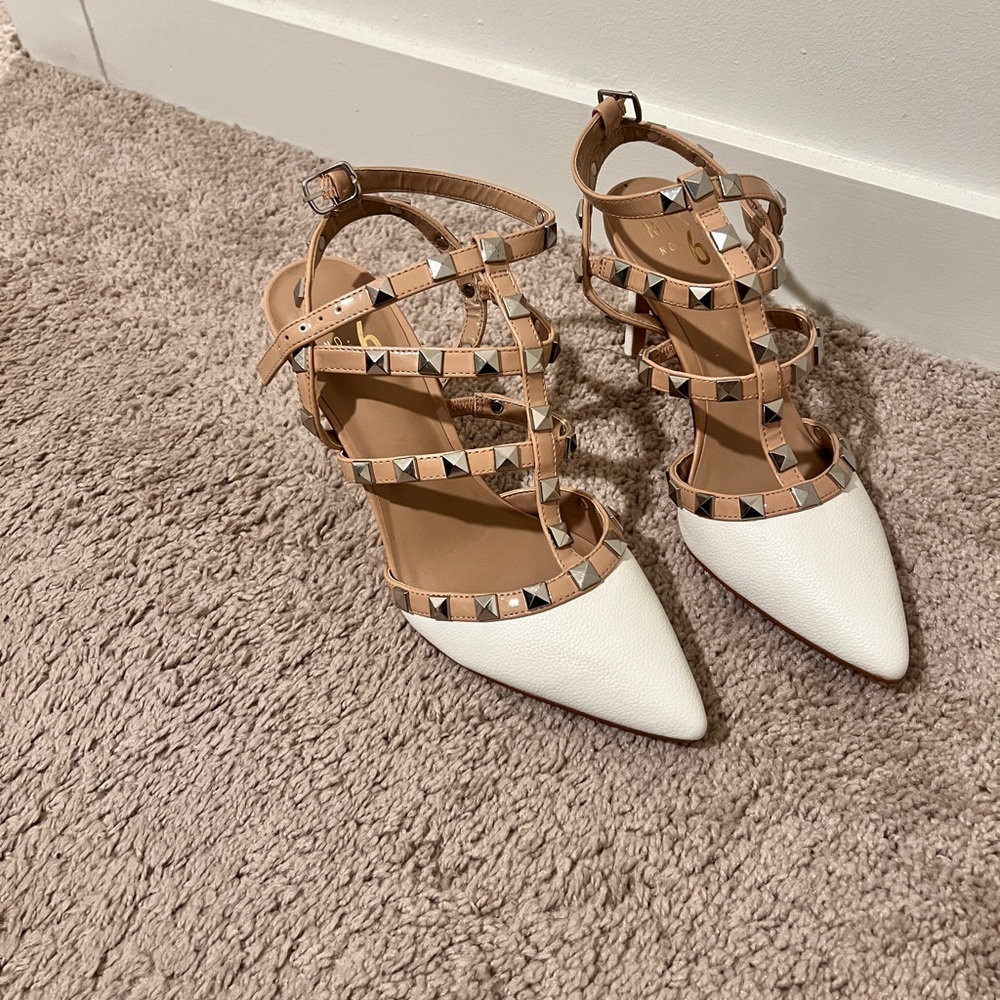 Stylish Strappy White and Tan Heels